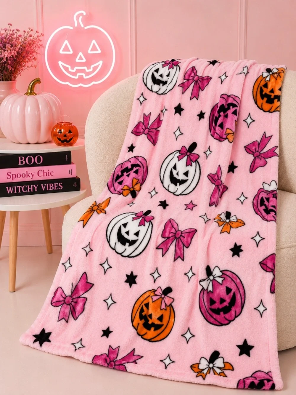 Pink Halloween Plush Throw Blanket Pumpkins Bows Fleece 60x70 Soft Cozy